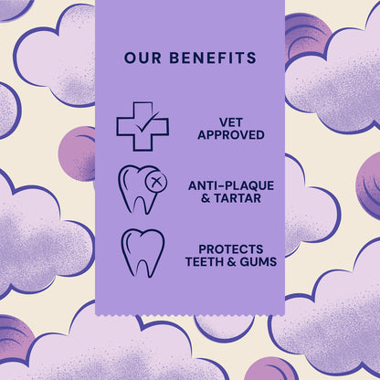 A promotional graphic with a lavender central panel reading 'OUR BENEFITS' and listing 'VET APPROVED', 'ANTI-PLAQUE & TARTAR', and 'PROTECTS TEETH & GUMS' 
