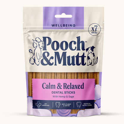 A package of Pooch & Mutt Calm & Relaxed Dental Sticks, featuring a cream and purple resealable pouch with dental sticks inside.
